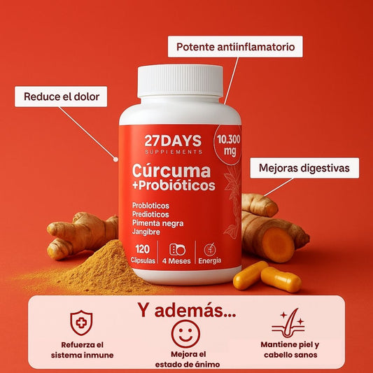 Cápsulas de Cúrcuma + Probióticos 27Days - Desinflama y equilibra.